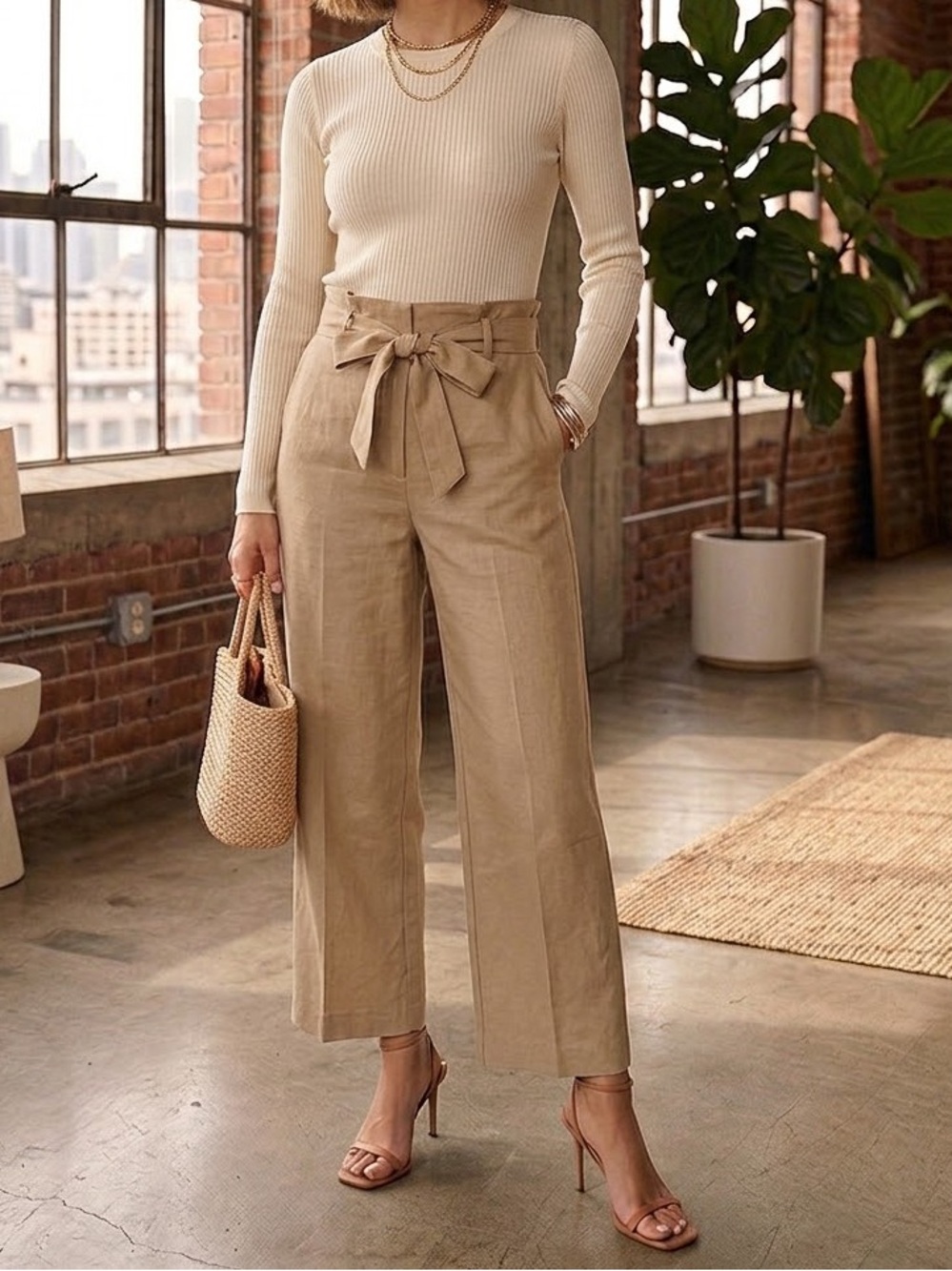 Halston Heritage Paperbag Waist Wide-Leg Pants in Tan